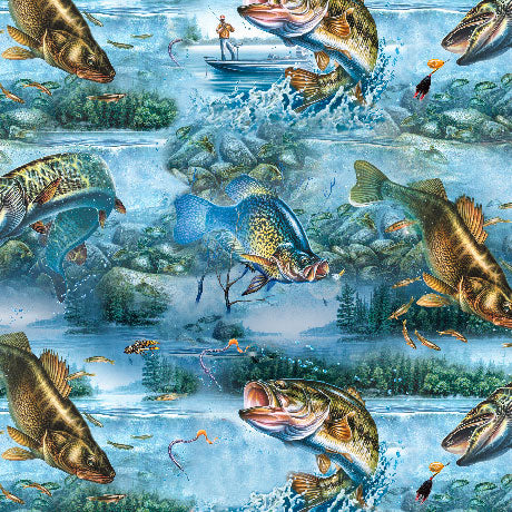 Fish and Lake Scenic Cotton Fabric