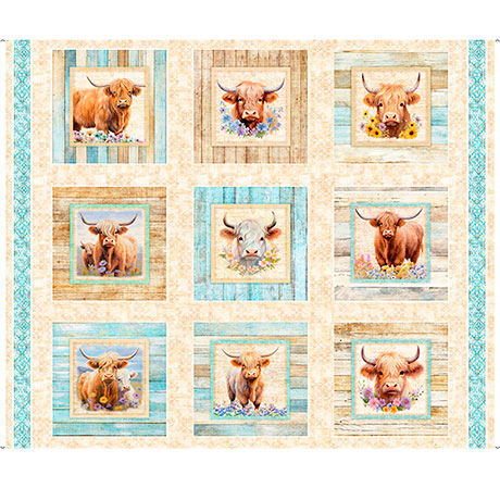 Udderly Adorable- Highland Cow Picture Patches Fabric Panel