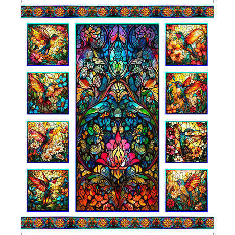 Flight of the Hummingbird Stained Glass Fabric Panel