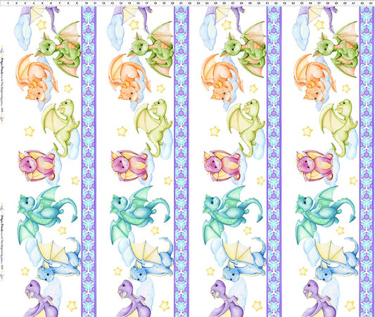 Dragon Friends - Baby Dragon Border Stripe Cotton Fabric