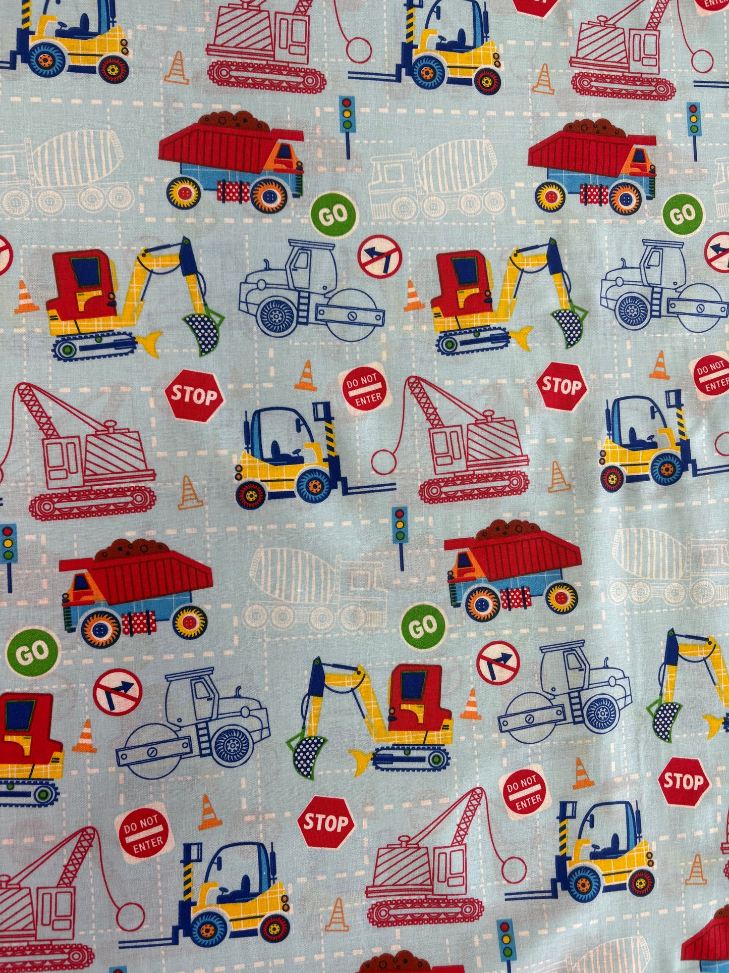 Kids Construction Equipment Light Blue Cotton Fabric by Richlin Fabrics