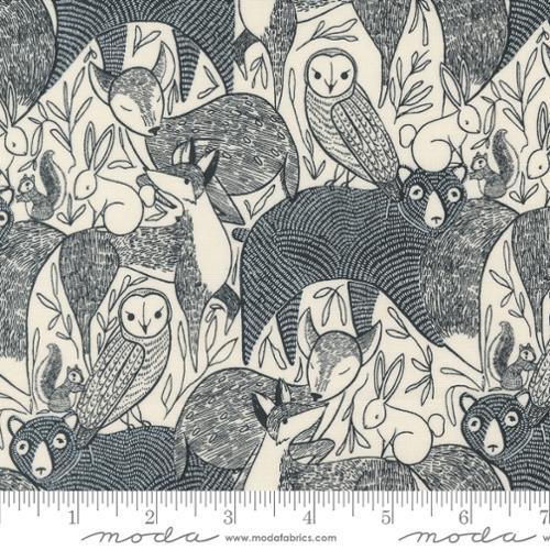 Woodland Wonder Cloud  sketch drawing of animals in black with cream background 48390 11 Cotton Fabric by Moda *