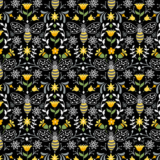 Black Bees in Bloom Cotton Fabric, Bee Happy Collection *