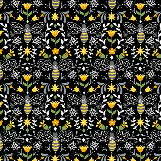 Black Bees in Bloom Cotton Fabric, Bee Happy Collection *