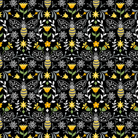Black Bees in Bloom Cotton Fabric