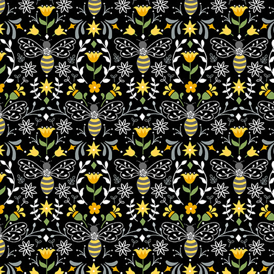 Black Bees in Bloom Cotton Fabric