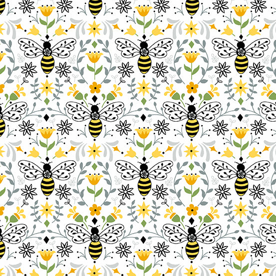 White Bees in Bloom Cotton Quilting Fabric