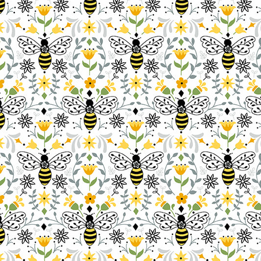 White Bees in Bloom Cotton Quilting Fabric