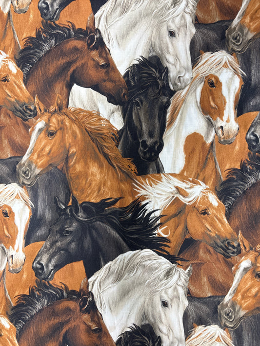 Run Free Horse Heads, white background Cotton Fabric