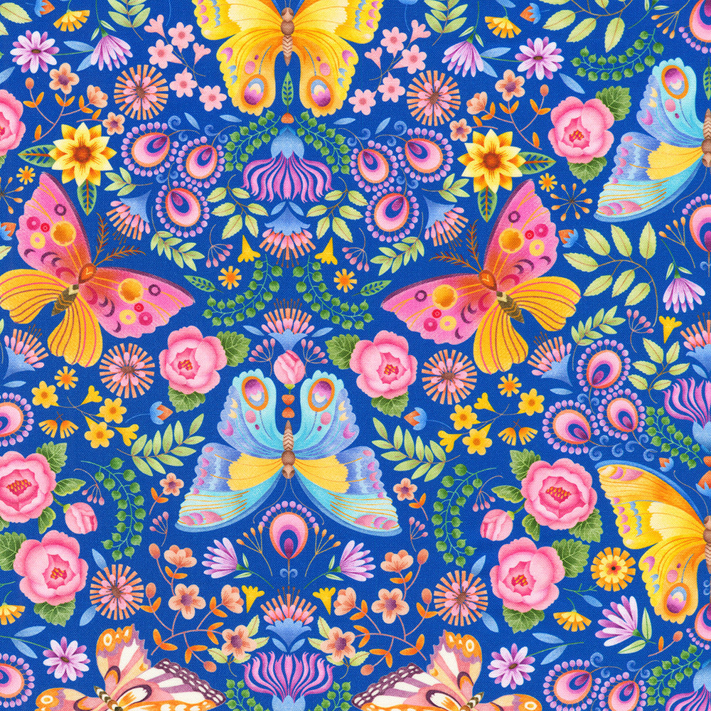 Bright Garden Butterflies and Floral Cotton Fabric