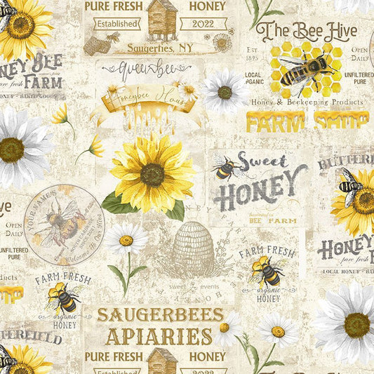 Vintage Bee Farm Sign Quilting Cotton Fabric by Timeless Treasures