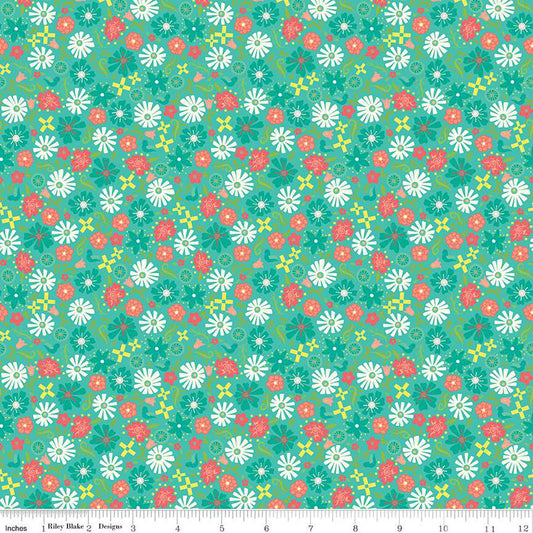 Gingham Cottage Flowers Seaglass Cotton Fabric *