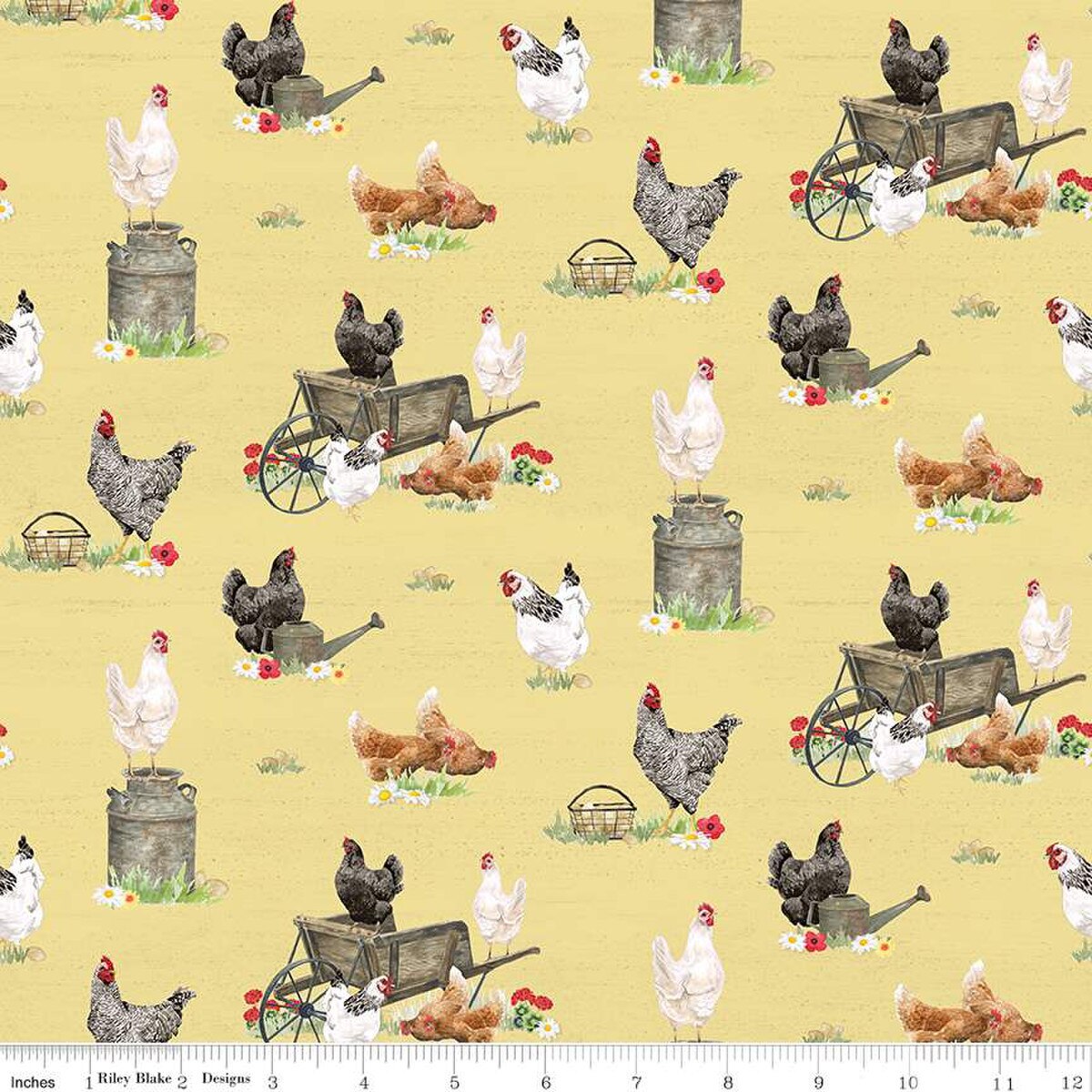 Spring Barn Quilts Chickens Yellow Cotton Fabric