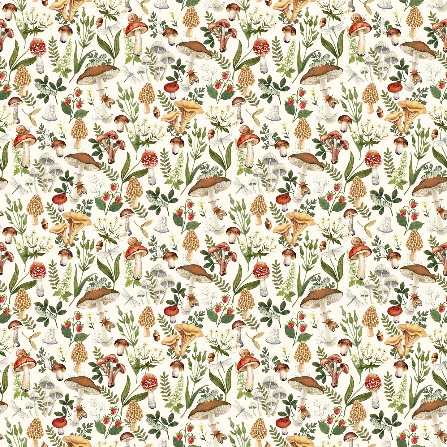 Wild Harvest, Mushrooms on Cream Background by Northcott