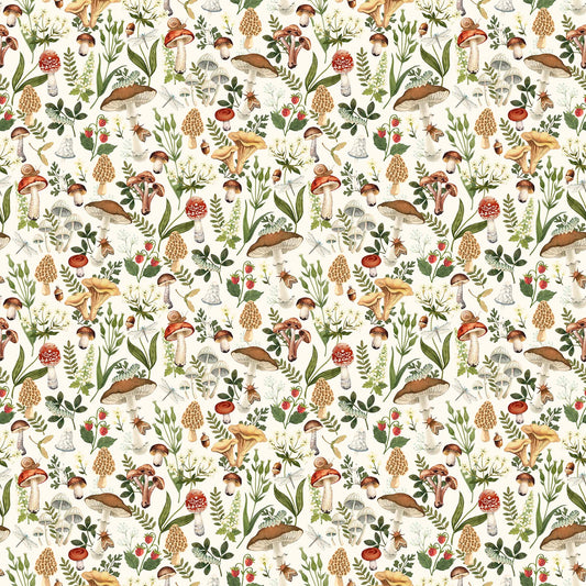 Wild Harvest, Mushrooms on Cream Background by Northcott