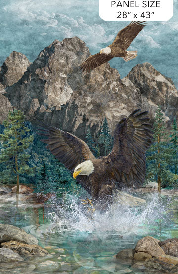 Stonehenge Eagle Pass, Eagles Flying over mountains Fabric Panel by Northcott