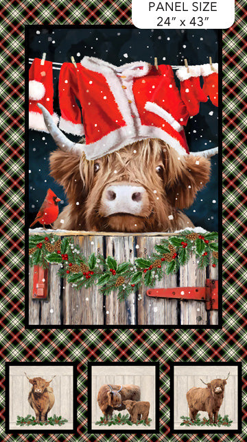Highland Cow Heart Christmas Fabric Panel