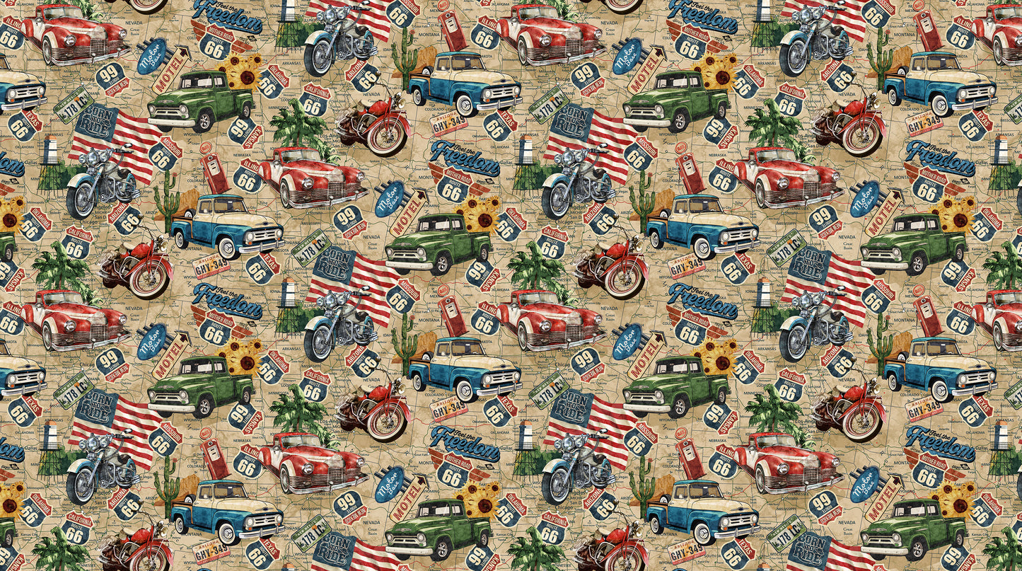 Historic Route 66 Map with Tossed Cars and Signs Cotton Fabric