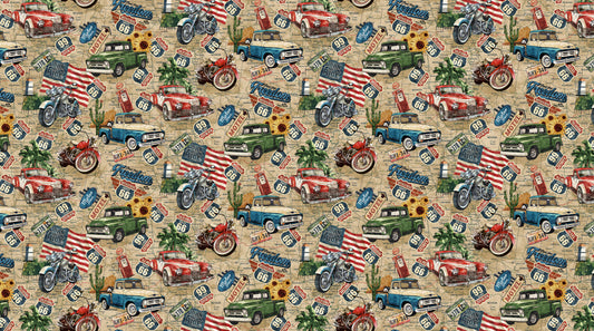 Historic Route 66 Map with Tossed Cars and Signs Cotton Fabric
