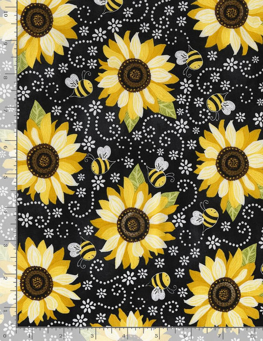 Sunflower and Bee Chalkboard cotton fabric