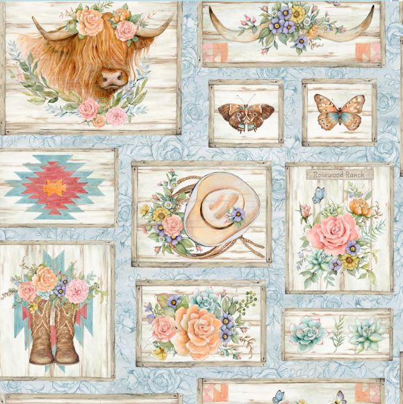 Highland Floral Cow Ranch Patches Cotton Fabric