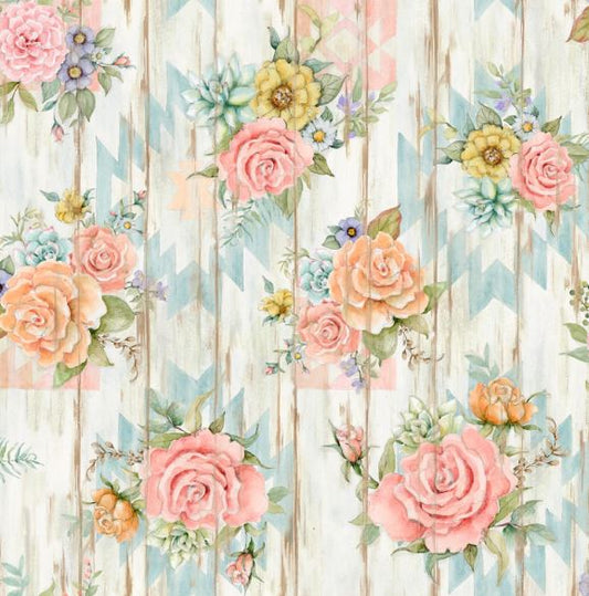 Highland Floral Cow Ranch Country Rose Woodgrain Cotton Fabric