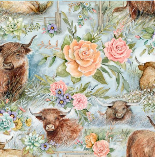 Highland Floral Cow Ranch Cotton Fabric