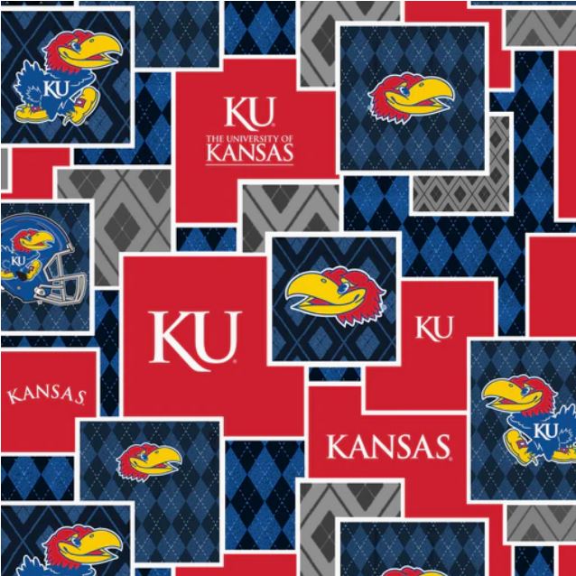 KU, University of Kansas, Jayhawk Argyle Boxes Cotton Fabric