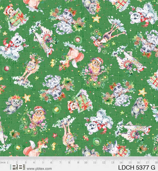 Little Darlings Christmas Tossed Animals on Green Cotton Fabric