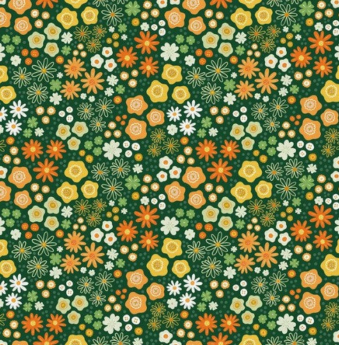 Luck of the Gnome Green and Yellow Floral Cotton Quilting Fabric