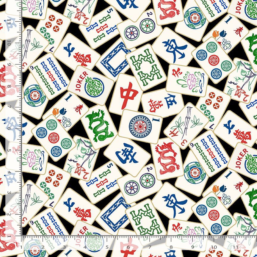 Mahjong Tiles on Black Background Cotton Fabric