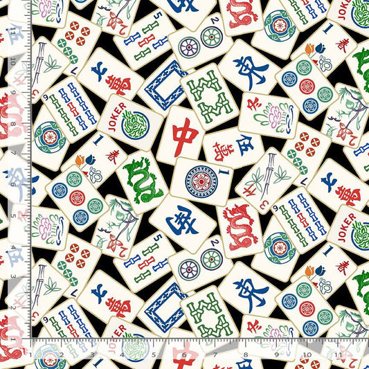 Mahjong Tiles on Black Background Cotton Fabric