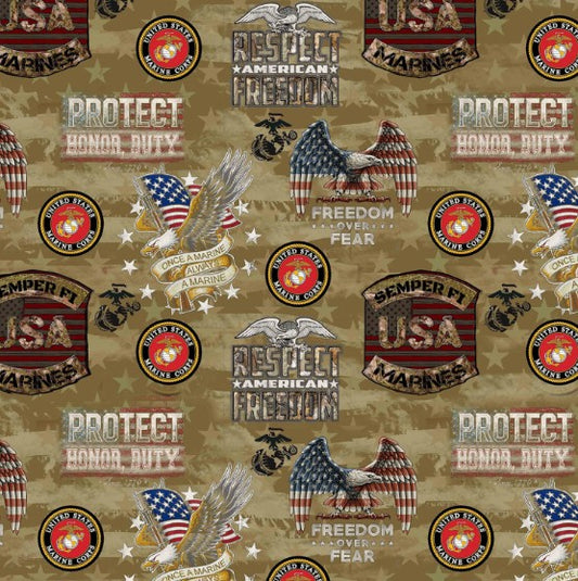Military Marines Camo Flag Allover Cotton Fabric