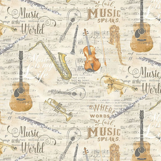 Antique Instruments Sheet Music Cotton Fabric