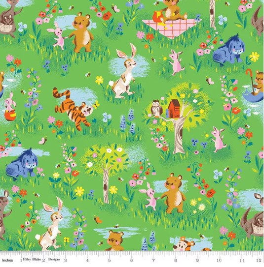 Winnie the Pooh and Friends on Green background, from the 100 Aker Woods collection by Jill Howarth for Riley Blake