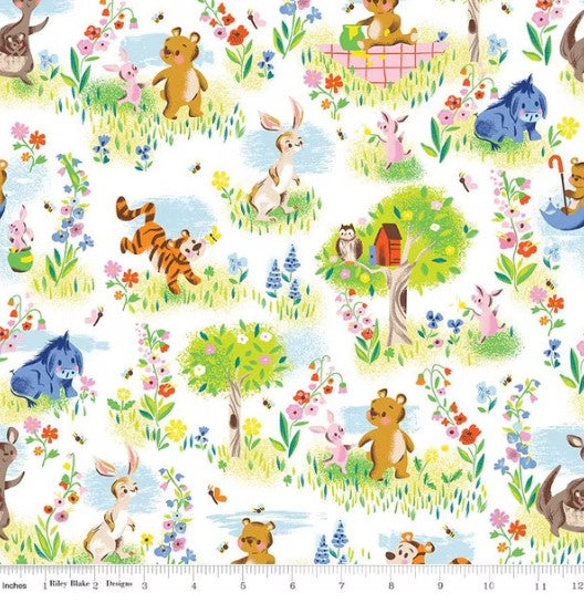 Winnie the Pooh and Friends on White background, from the 100 Aker Woods collection by Jill Howarth for Riley Blake