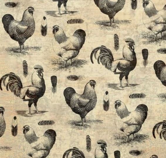 Rooster Stencil on Cream Background Cotton Fabric