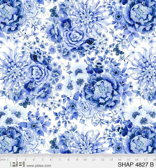 Springtime Happiness Large Blue Flowers Quilting Cotton Fabric