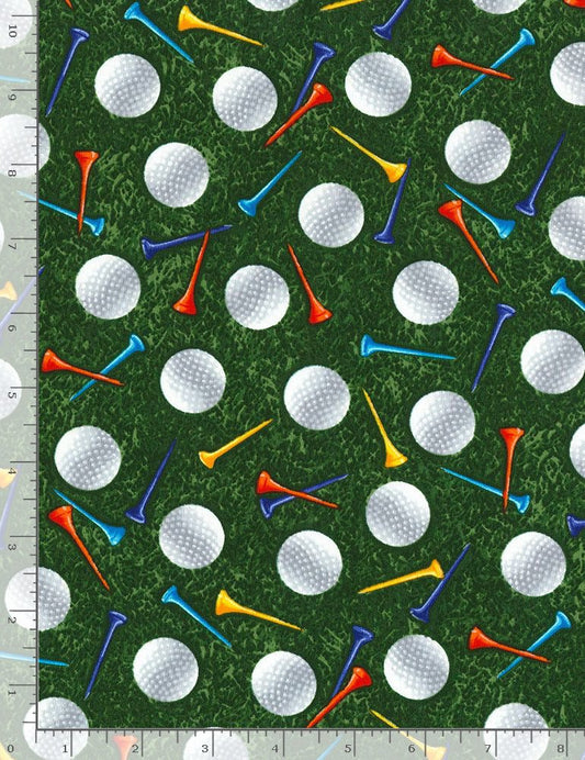 Golf Balls and Tees in Grass Sports Cotton Fabric
