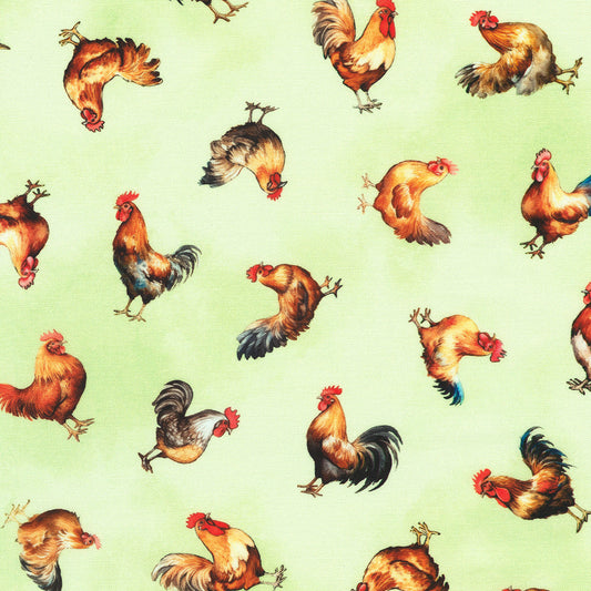 Chickens on light green background Cotton Fabric from the Home to Roost Collection by Robert Kaufman