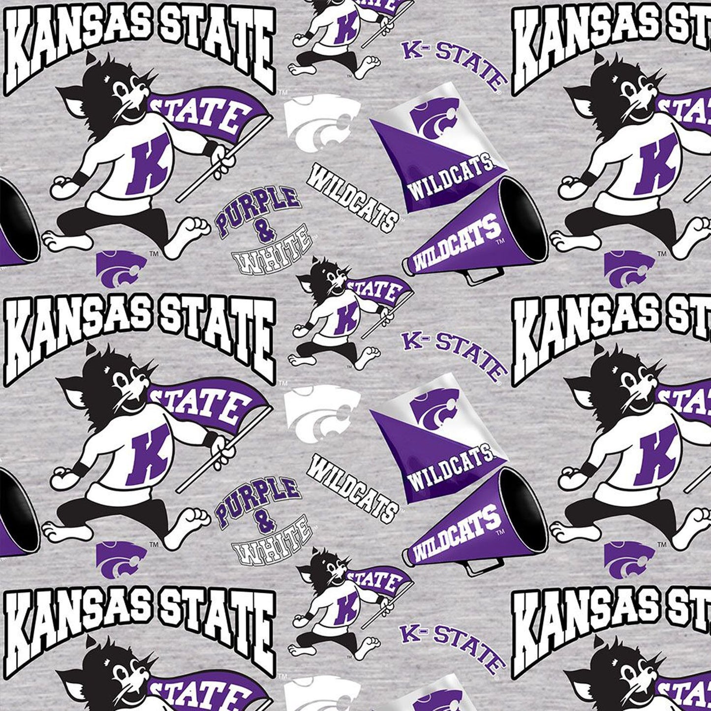 KState University College Kansas, Grey Willie Wildcat Cotton Fabric *
