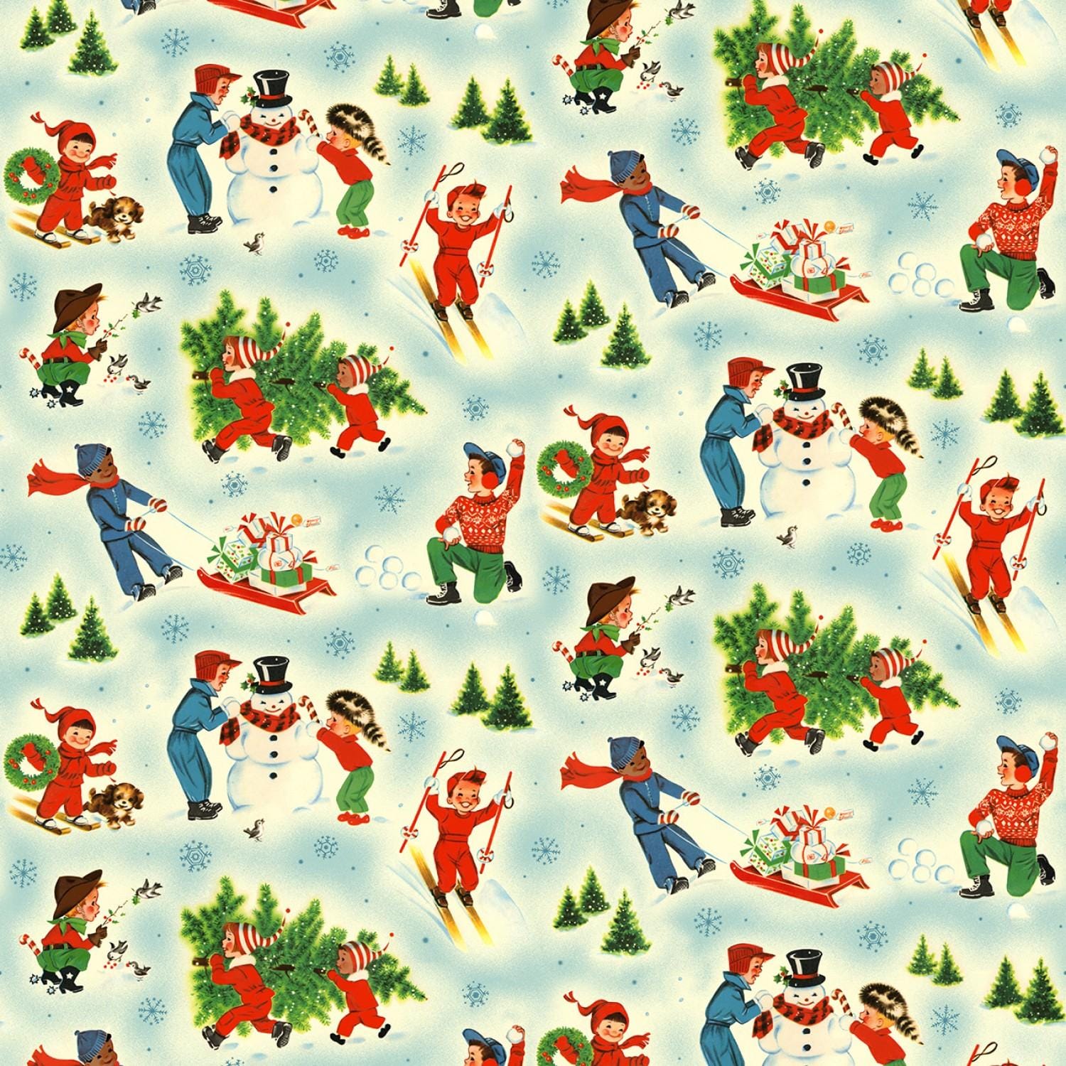 Vintage Look Retro Christmas Snowy Playground Cotton Quilting Fabric b ...