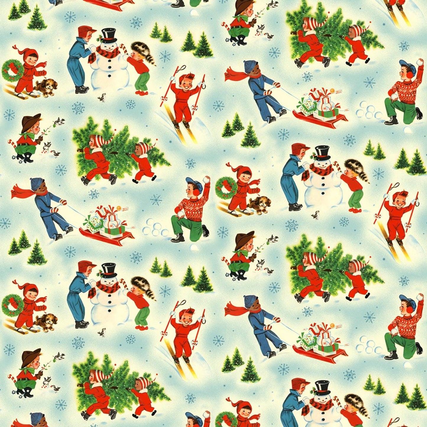 Vintage Look Retro Christmas Snowy Playground Cotton Quilting Fabric by Michael Miller