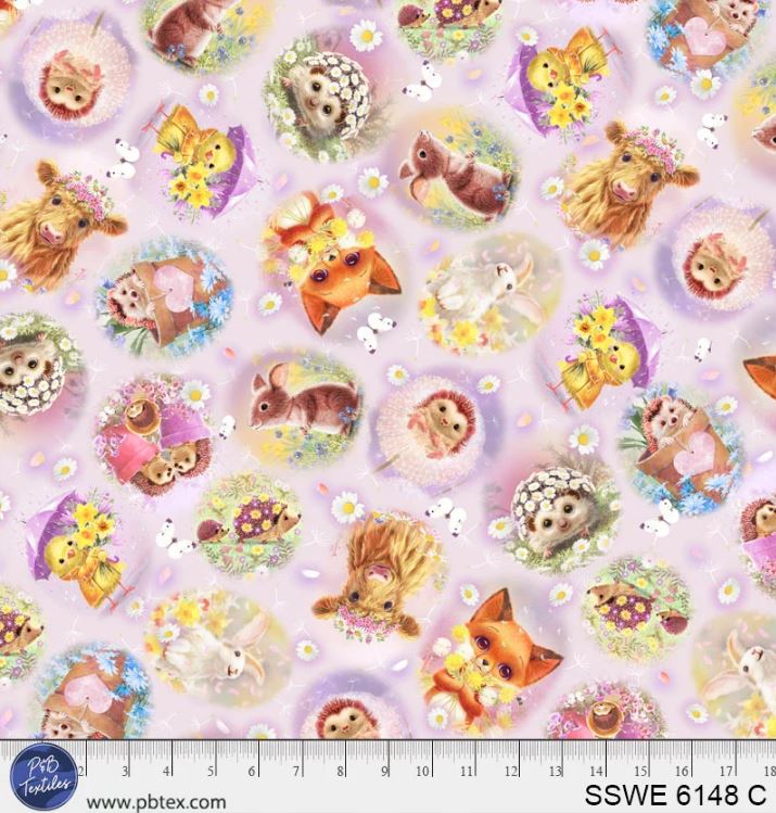 Spring Sweeties Farm Animals Pink / Purple Cotton Fabric