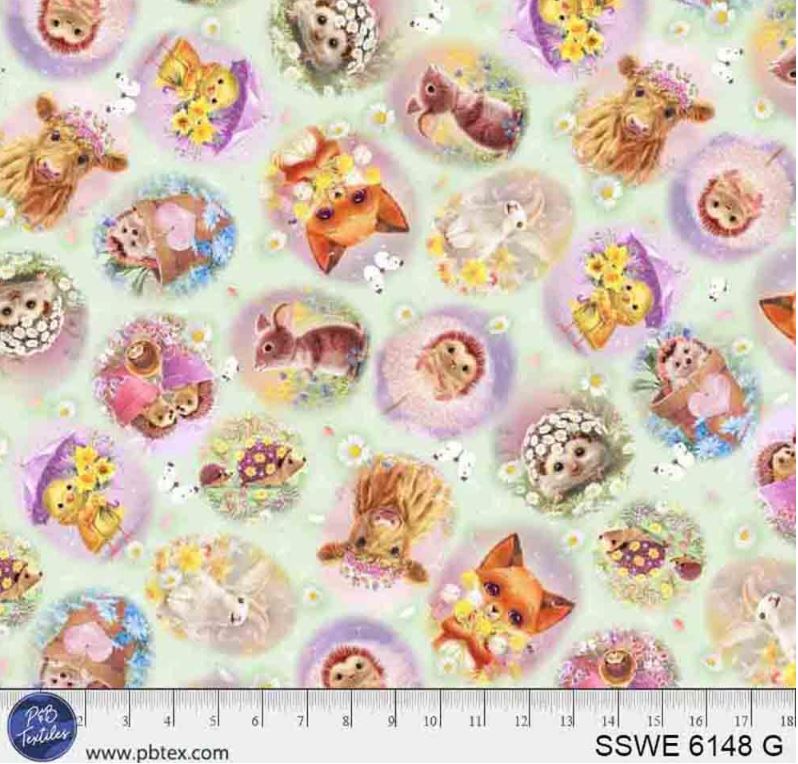 Spring Sweeties Farm Animals Green Cotton Fabric