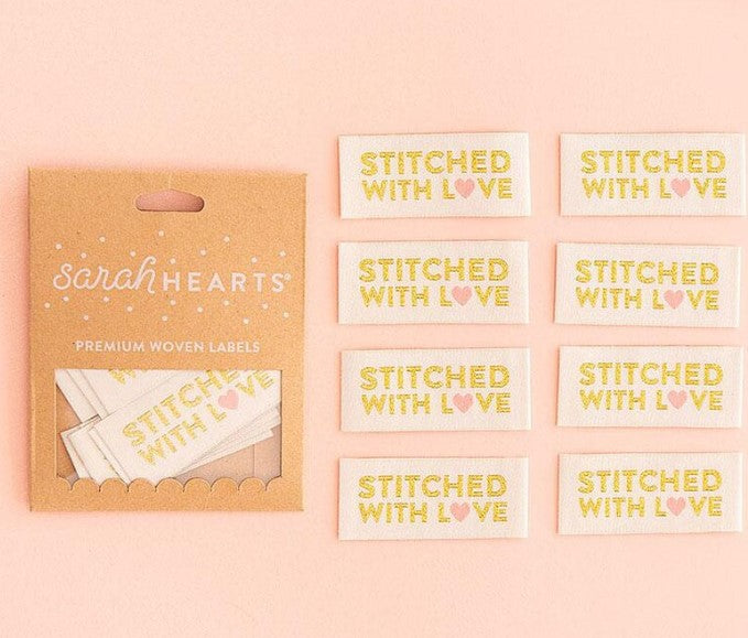 Sarah Hearts, Stitched with Love,  Premium Woven Clothing/Quilt Labels