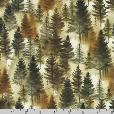 Tawny Brown and Green Tree Forest Cotton Fabric