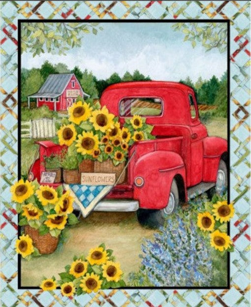 Red Truck with Sunflowers Fabric Panel