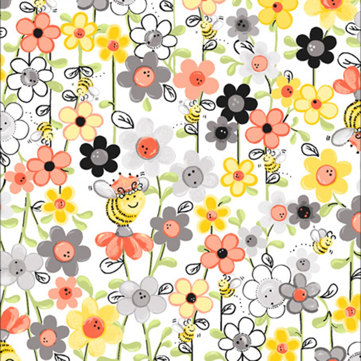 White Sweet Bees Floral Cotton Quilting Fabric