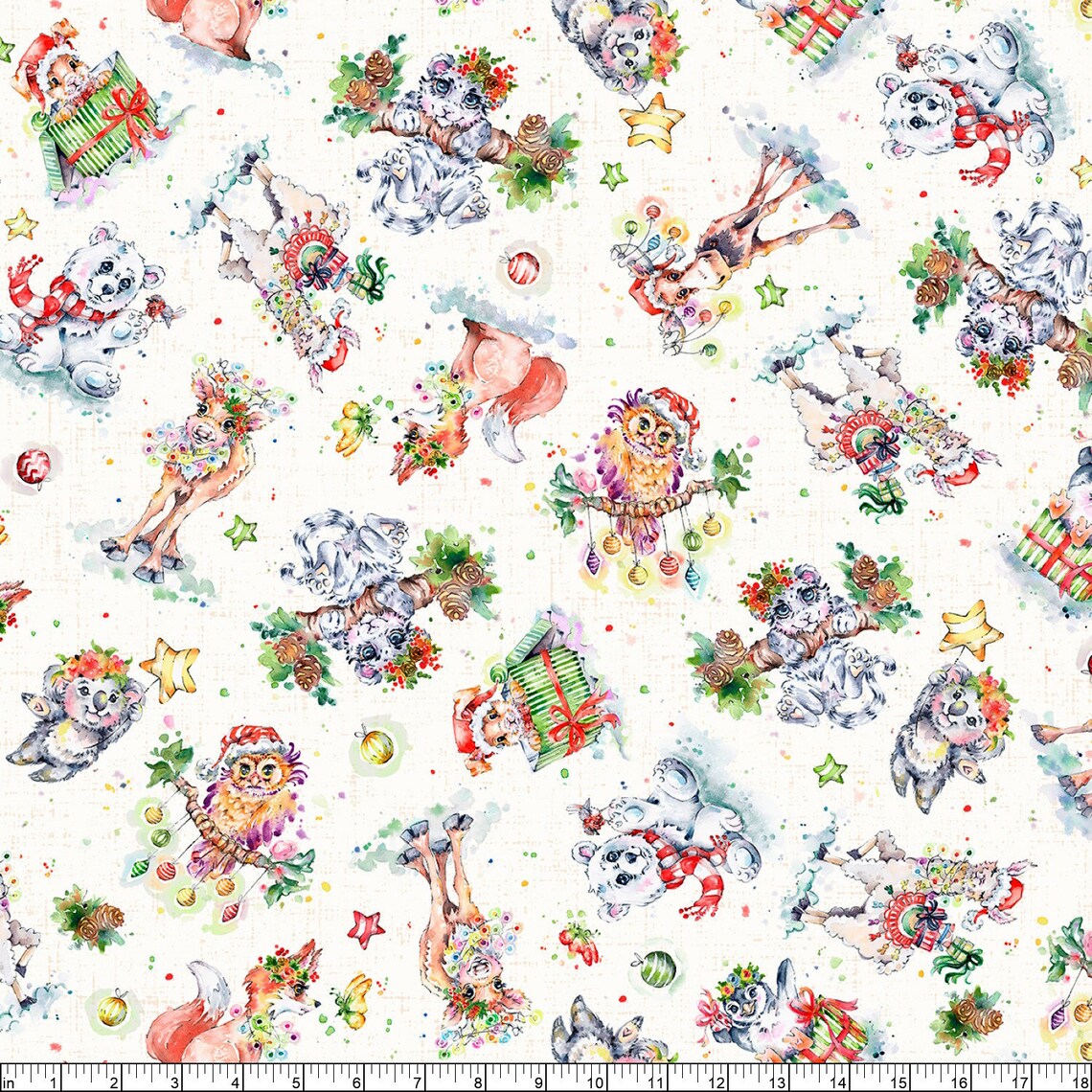 Little Darlings Christmas Tossed Animals on White Cotton Fabric